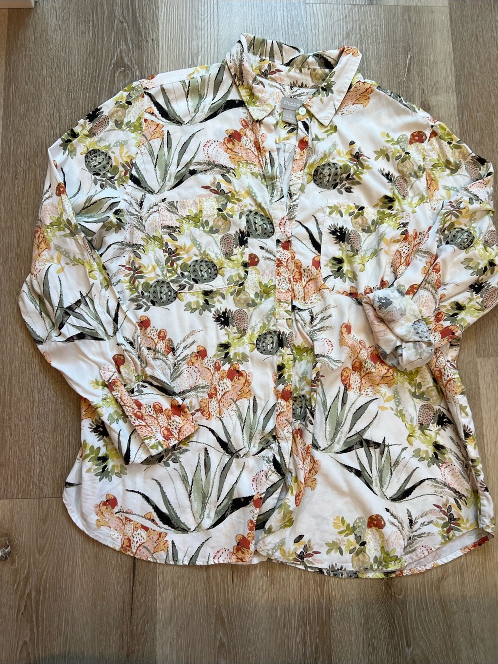 Chico's Men's Button-Down Shirt - White with Green & Orange Botanical Print